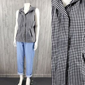 Preppy Black Gingham Full Zip Vest Weekend Travel Beach French Terry